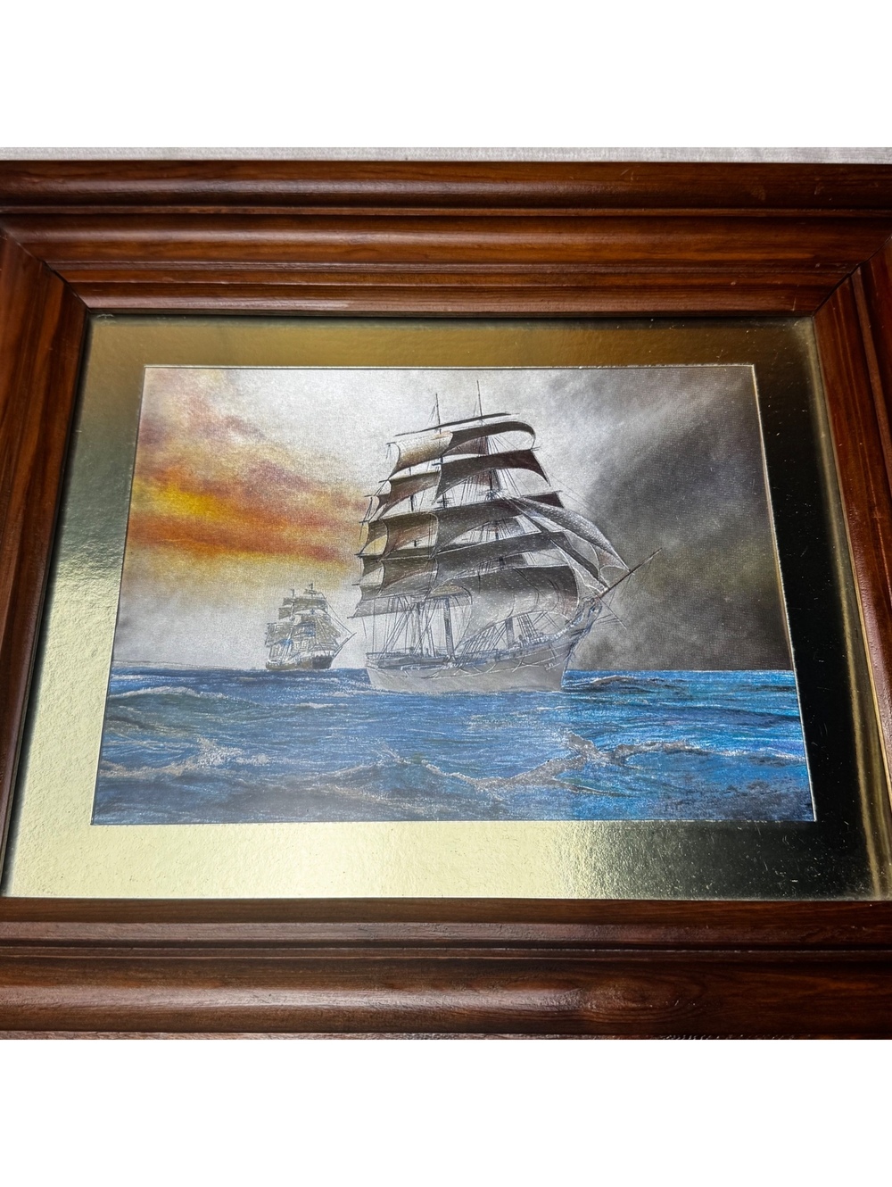 Vintage Framed Foil Art Sailing Ship Nautical Wall Decor 14 x 12 Inch Wood Frame - Picture 3 of 8